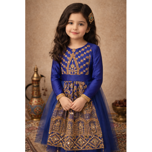 فستان شعبي أزرق ملكي مطرز مع تول 240654