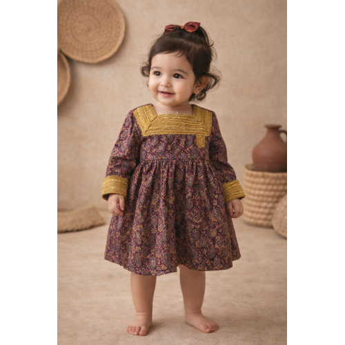  فستان بناتي تراثي موف عنابي بتطريز ذهبي 240658