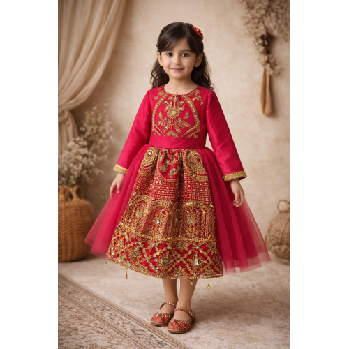 فستان شعبي فوشي مطرز مع تول 240655