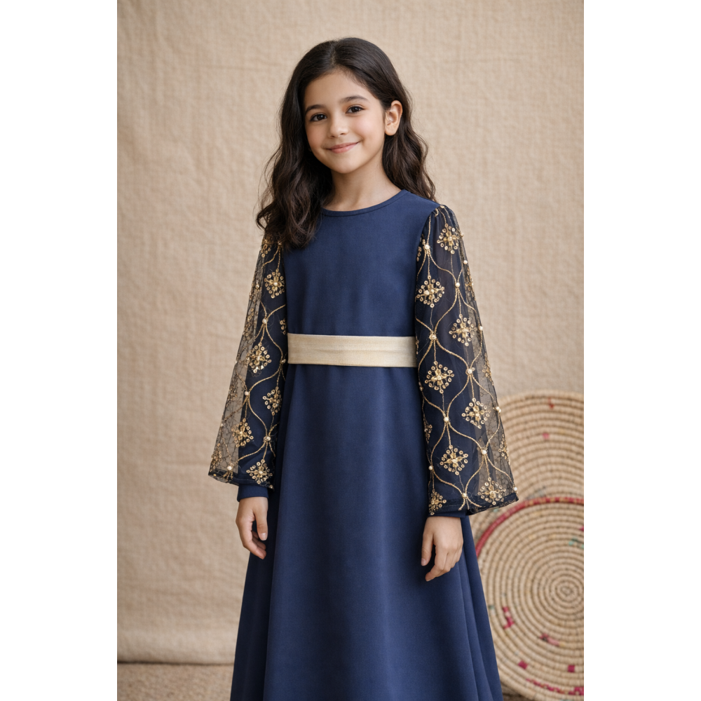 جلابية شعبية كحلي مع حزام ذهبي للسن المحير والمحجبات 240640