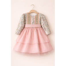 فستان لينن مطرز بتنورة من طبقتين لون خوخي   240494