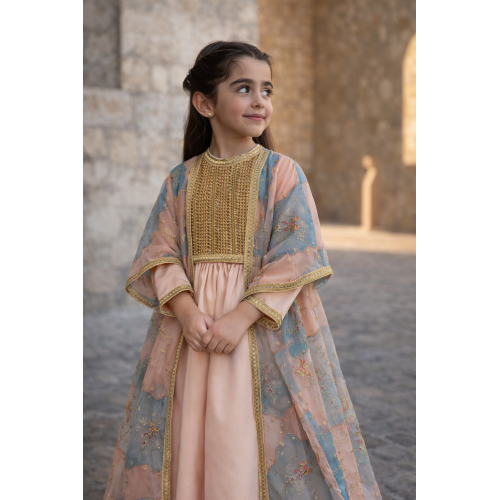 فستان من قطعتين مطرز بنقوش وزخارف - درجات البطيخي و الوردي والأزرق-  240496