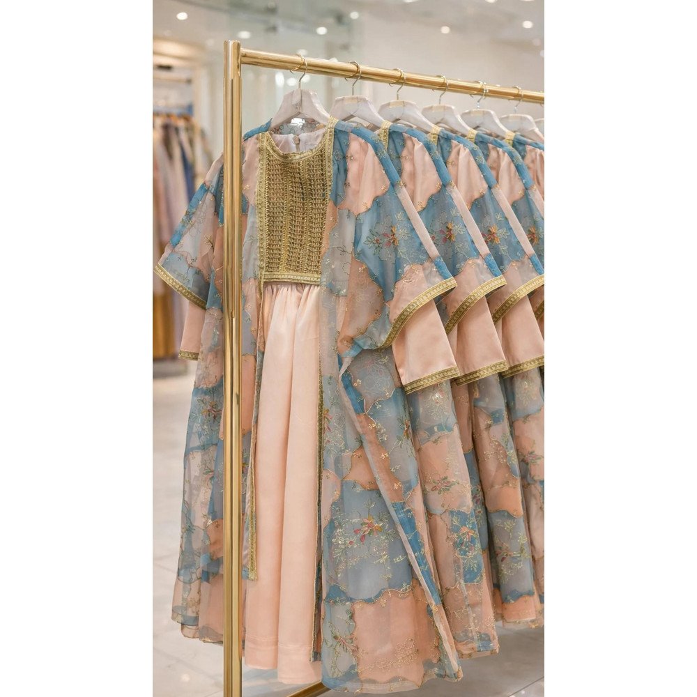 فستان من قطعتين مطرز بنقوش وزخارف - درجات البطيخي و الوردي والأزرق-  240496