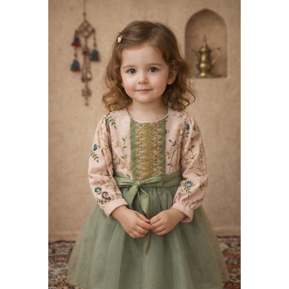 فستان شعبي لينن مطرّز بنقوش ذهبية – لون أخضر زاهي مع وردي 240498