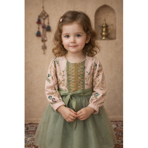 فستان شعبي لينن مطرّز بنقوش ذهبية – لون أخضر زاهي مع وردي 240498