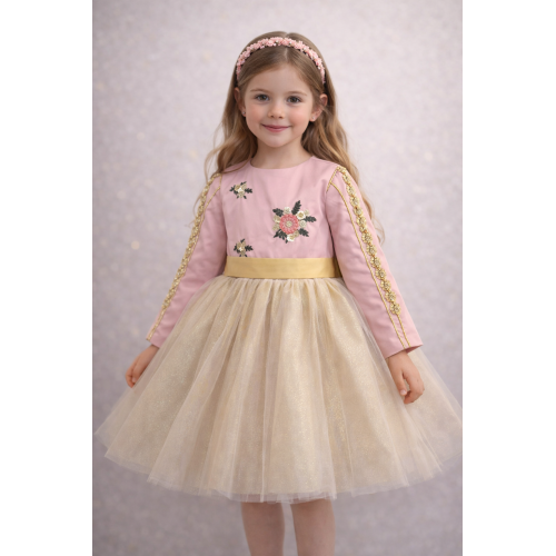 فستان بناتي مطرز ومنفوش باللون الوردي والذهبي -  240508