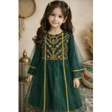 فستان شعبي أخضر مطرز مع شيلة تول 240665
