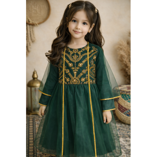 فستان شعبي أخضر مطرز مع شيلة تول 240665