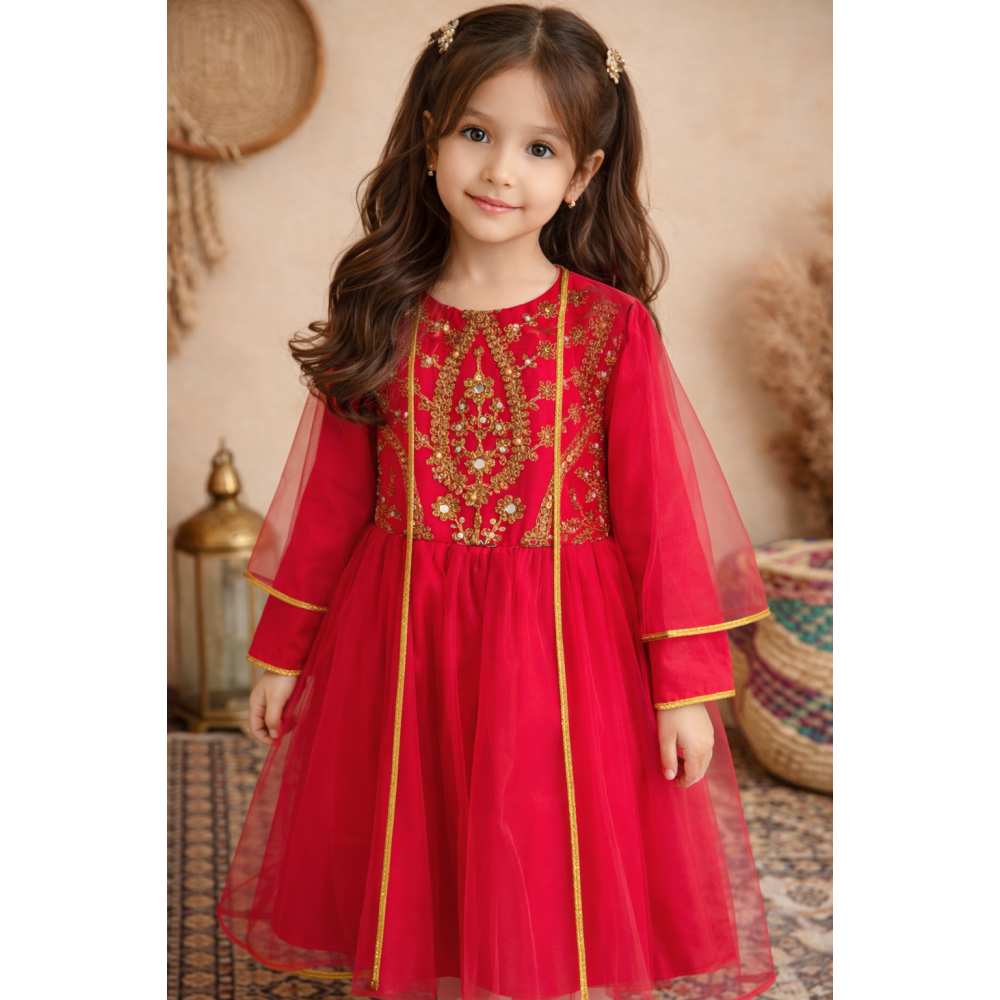 فستان شعبي فوشي مطرز مع شيلة تول 240663