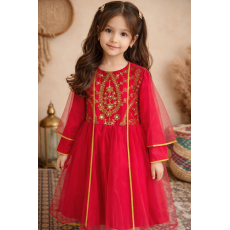 فستان شعبي فوشي مطرز مع شيلة تول 240663