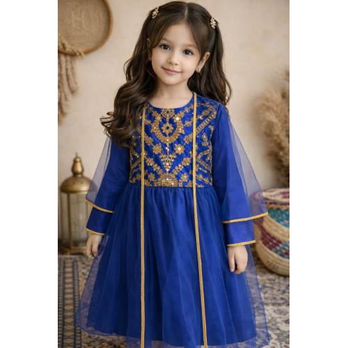 فستان شعبي فوشي مطرز مع شيلة تول 240664