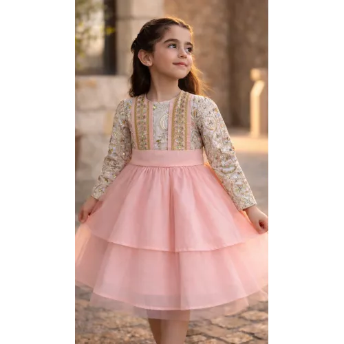 فستان لينن مطرز بتنورة من طبقتين لون خوخي 240494 فستان لينن مطرز بتنورة من طبقتين لون خوخي 240494