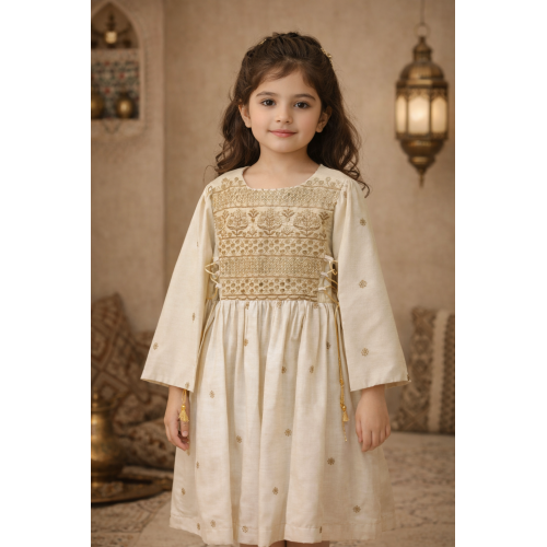 فستان لنن تراثي بتطريز ذهبي -  240669