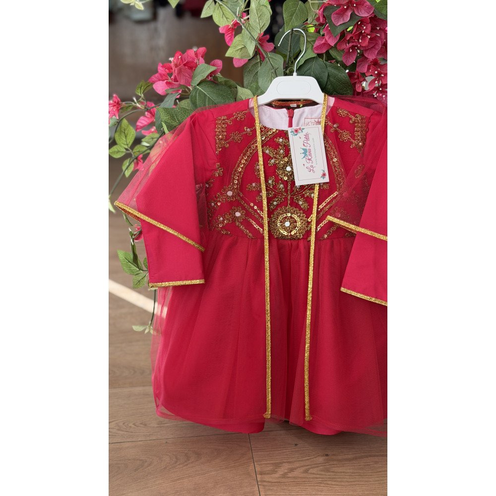 فستان شعبي فوشي مطرز مع شيلة تول 240663