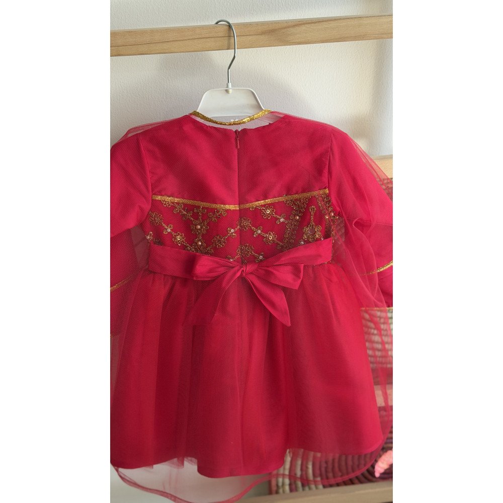 فستان شعبي فوشي مطرز مع شيلة تول 240663