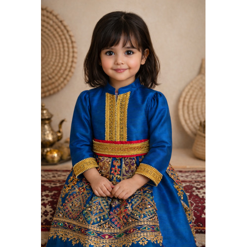 فستان شعبي أزرق مطرز مع حزام 240485 فستان شعبي أزرق مطرز مع حزام 240485