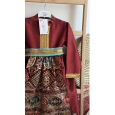 فستان شعبي خمري مطرز مع حزام 240483