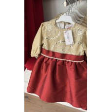 فستان شعبي لنن بيج مطرز مع تنورة برغندي 240619