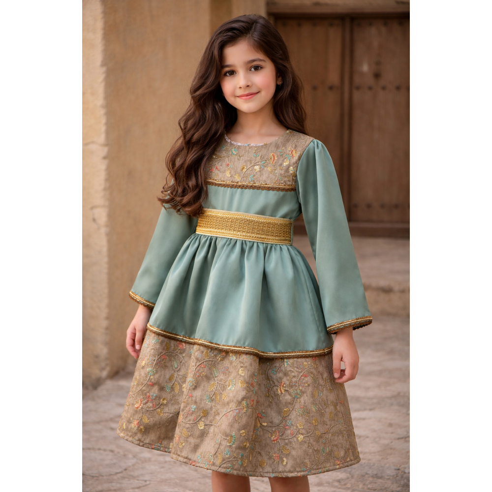 فستان شعبي اخضر تركوازي هادئ مع قماش ترابي مطرز 240511 فستان شعبي اخضر تركوازي هادئ مع قماش ترابي مطرز 240511