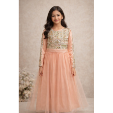 فستان لينن مطرز  مع خوخي  للسن المحير والمحجبات 240509