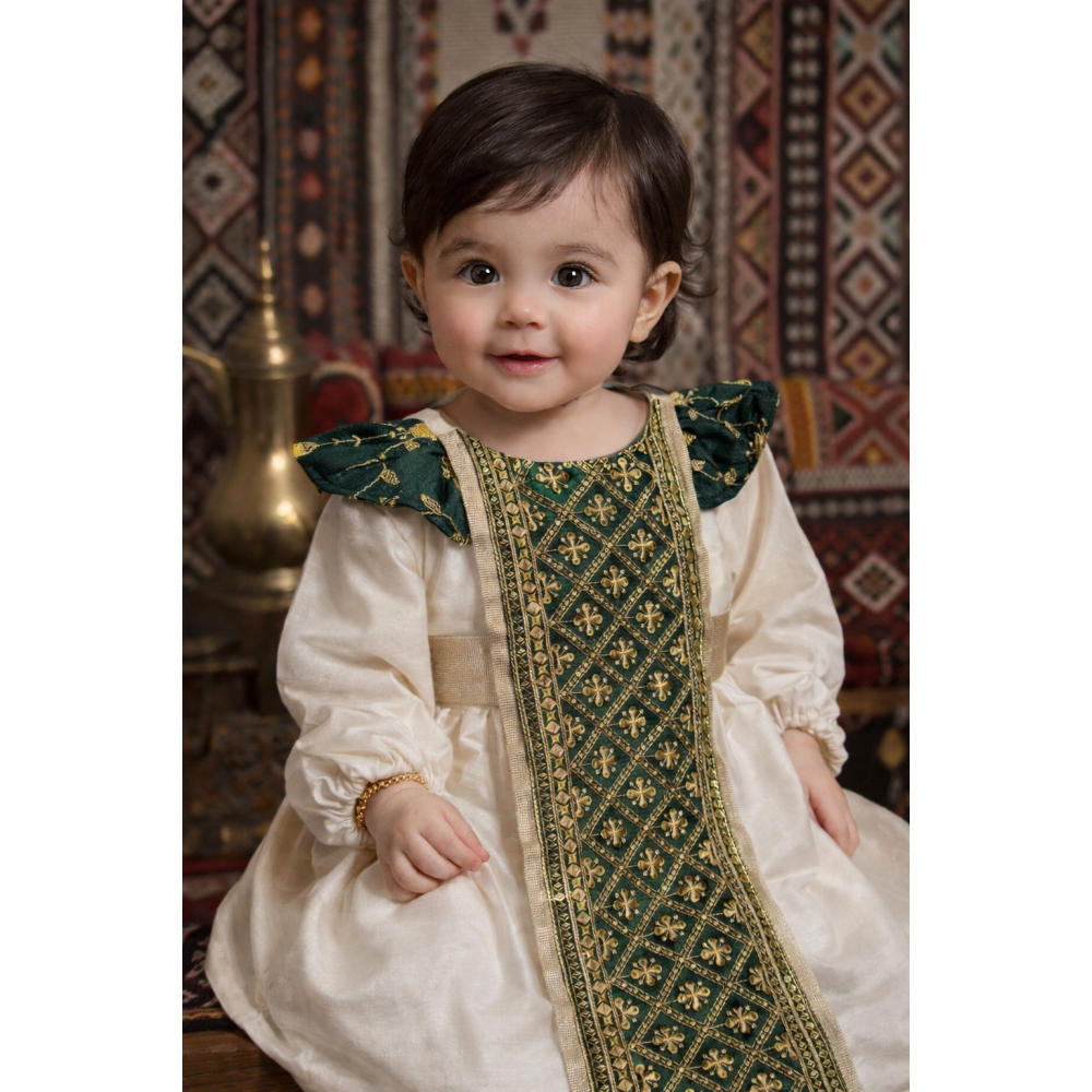 فستان شعبي - سكري وأخضر - بتطريزات ذهبية 240516