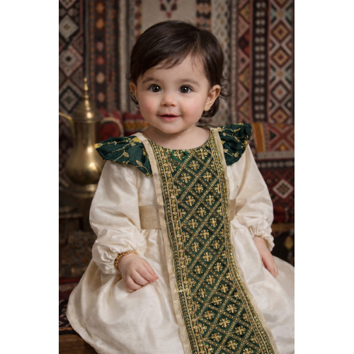 فستان شعبي - سكري وأخضر - بتطريزات ذهبية 240516