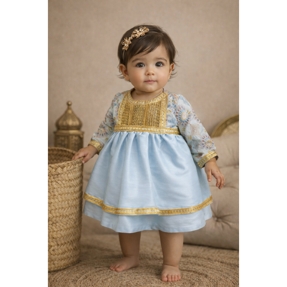 فستان شعبي - سماوي - بقصة صدر مزخرفة وتنورة طبقتين 240520 فستان شعبي - سماوي - بقصة صدر مزخرفة وتنورة طبقتين 240520