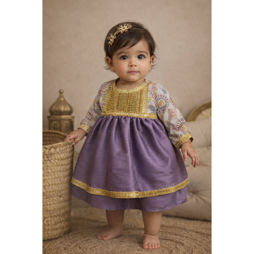 فستان شعبي - بنفسجي -  بقصة صدر مزخرفة وتنورة طبقتين   240522