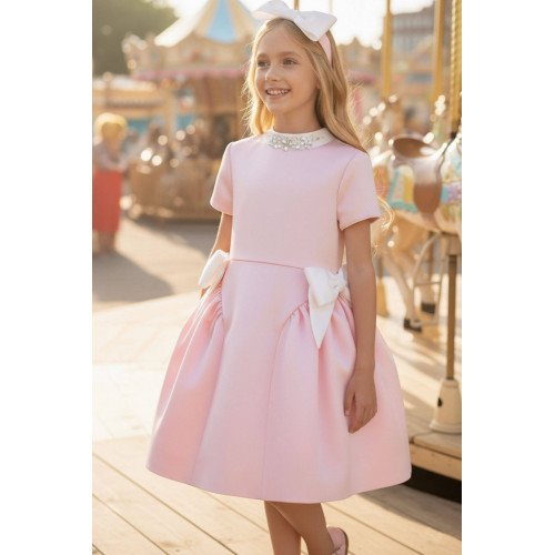 فستان بناتي "باودر" (وردي) بياقة كريستالية وفيونكات ساتان مع اكسسوار شعر 36283 فستان بناتي "باودر" (وردي) بياقة كريستالية وفيونكات ساتان مع اكسسوار شعر 36283