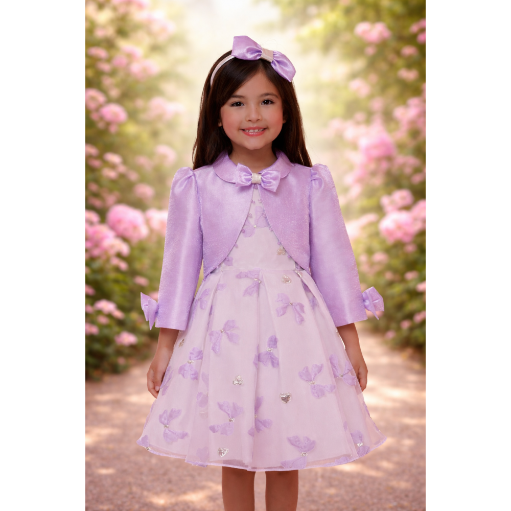 فستان بنفسجي بفيونكة مع جاكيت قصير وإكسسوار للشعر 35319 فستان بنفسجي بفيونكة مع جاكيت قصير وإكسسوار للشعر 35319