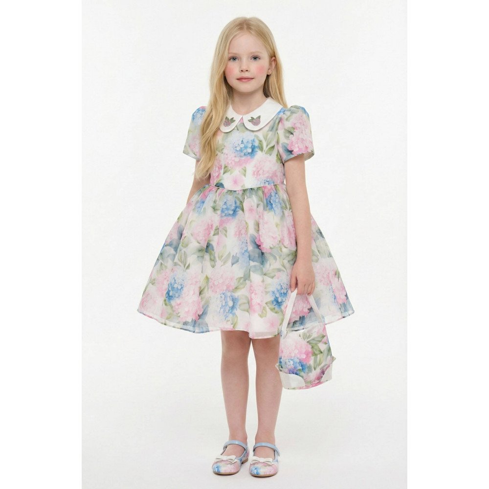 فستان بناتي "باودر" (وردي) بياقة مطرزة وحقيبة مطابقة 36165