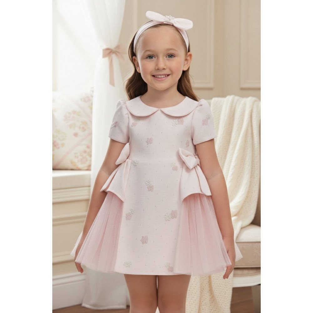 فستان بيبي "باودر" (وردي) بفيونكات تول جانبية مع اكسسوار شعر 36168 فستان بيبي "باودر" (وردي) بفيونكات تول جانبية مع اكسسوار شعر 36168