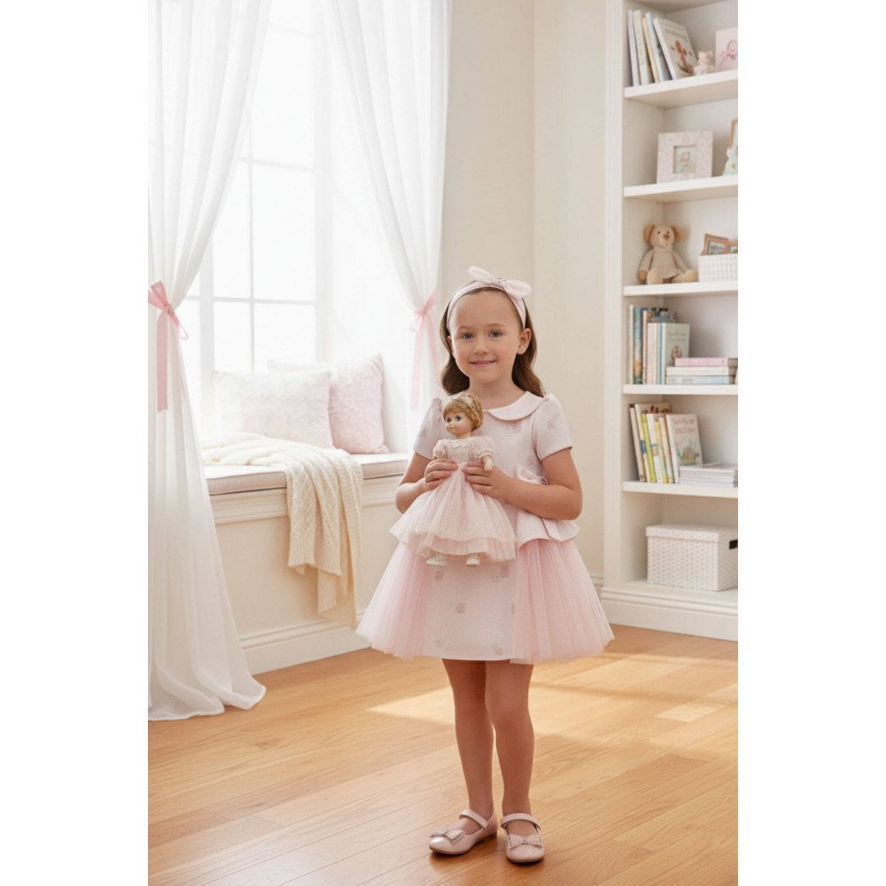 فستان بيبي "باودر" (وردي) بفيونكات تول جانبية مع اكسسوار شعر 36168 فستان بيبي "باودر" (وردي) بفيونكات تول جانبية مع اكسسوار شعر 36168