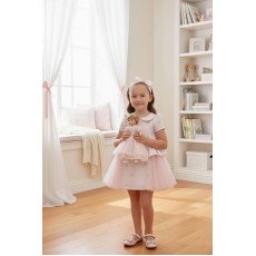 فستان بيبي "باودر" (وردي) بفيونكات تول جانبية مع اكسسوار شعر 36168 فستان بيبي "باودر" (وردي) بفيونكات تول جانبية مع اكسسوار شعر 36168