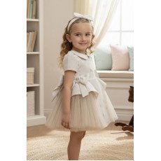 فستان بيج بفيونكات تول جانبية مع اكسسوار شعر 36168