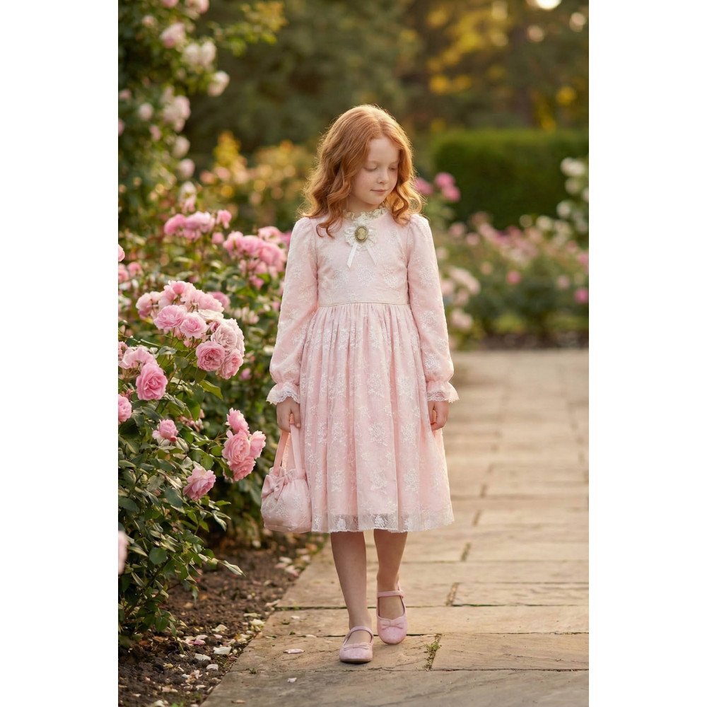 فستان دانتيل كلاسيكي للبنات  لون بودري بيبي بينك مع حقيبة 36311