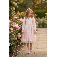 فستان دانتيل كلاسيكي للبنات  لون بودري بيبي بينك مع حقيبة 36311