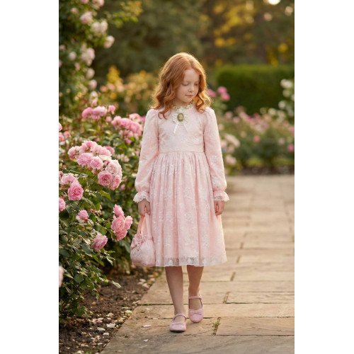 فستان دانتيل كلاسيكي للبنات  لون بودري بيبي بينك مع حقيبة 36311