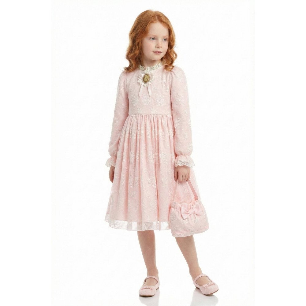 فستان دانتيل كلاسيكي للبنات  لون بودري بيبي بينك مع حقيبة 36311