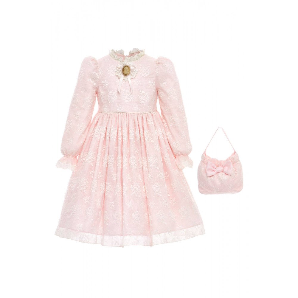 فستان دانتيل كلاسيكي للبنات  لون بودري بيبي بينك مع حقيبة 36311