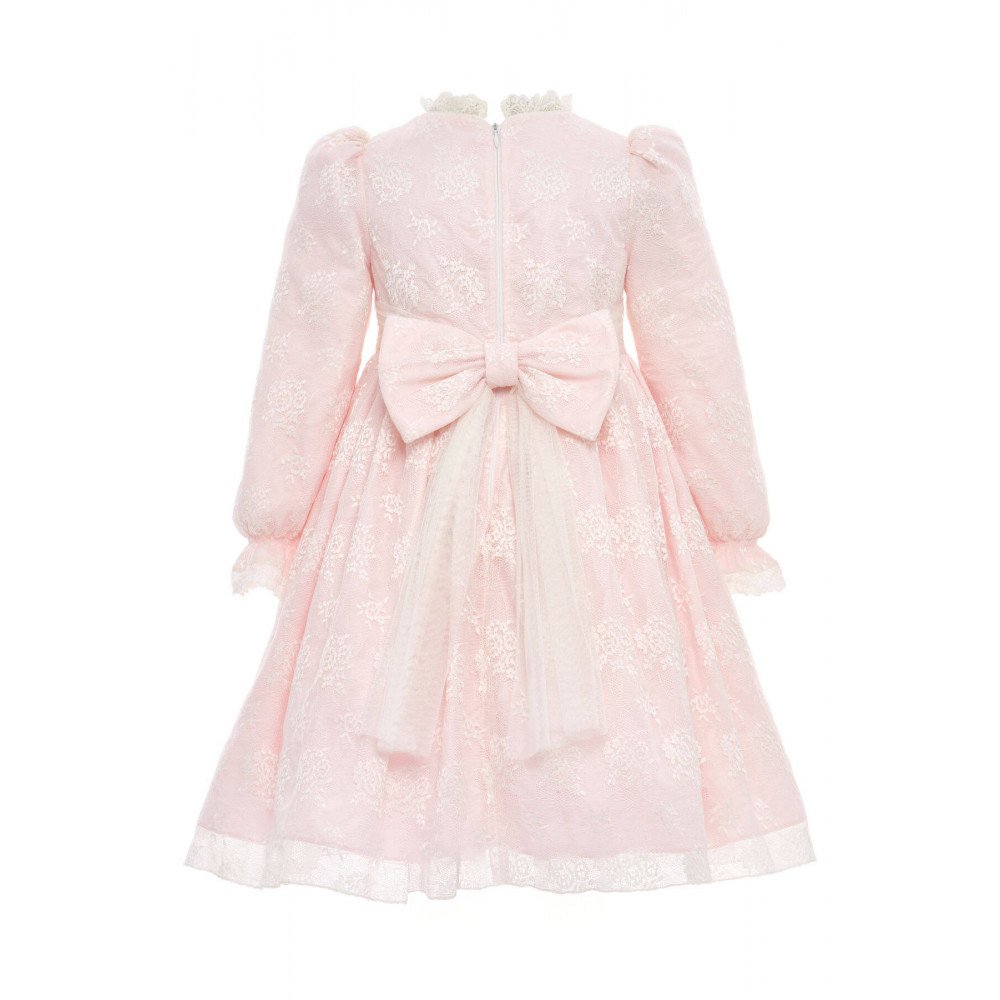 فستان دانتيل كلاسيكي للبنات  لون بودري بيبي بينك مع حقيبة 36311
