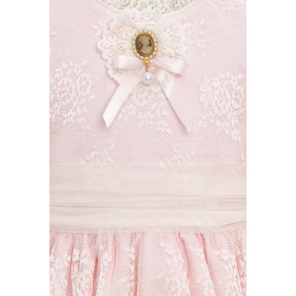 فستان دانتيل كلاسيكي للبنات  لون بودري بيبي بينك مع حقيبة 36311