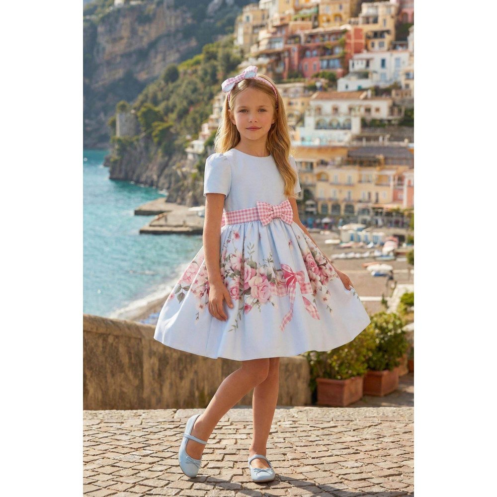 فستان أزرق مزهر للبنات مع  طوق شعر 36223