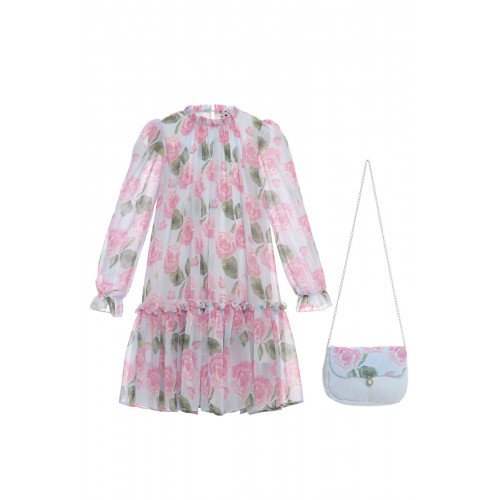  فستان شيفون أزرق للبنات مع حقيبة متناسقة36220