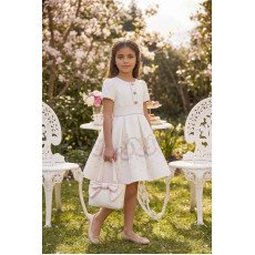 فستان بناتي بيج مطرز بالزهور مع أزرار على شكل قلوب وحقيبة متناسقة 36182