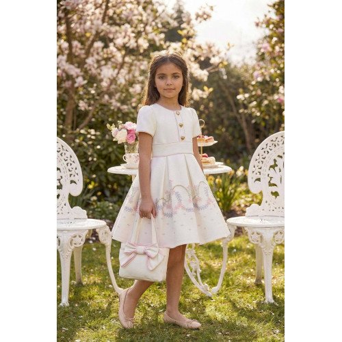 فستان بناتي بيج مطرز بالزهور مع أزرار على شكل قلوب وحقيبة متناسقة 36182