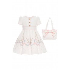 فستان بناتي بيج مطرز بالزهور مع أزرار على شكل قلوب وحقيبة متناسقة 36182