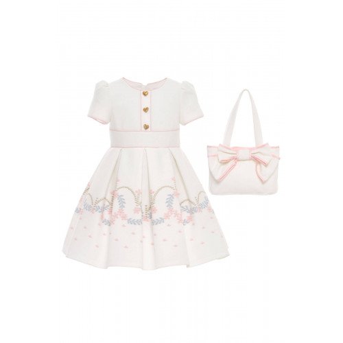 فستان بناتي بيج مطرز بالزهور مع أزرار على شكل قلوب وحقيبة متناسقة 36182