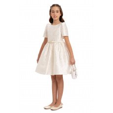 فستان جاكار بلون سكري  مع حزام وحقيبة  للبنات السن المحير 35385