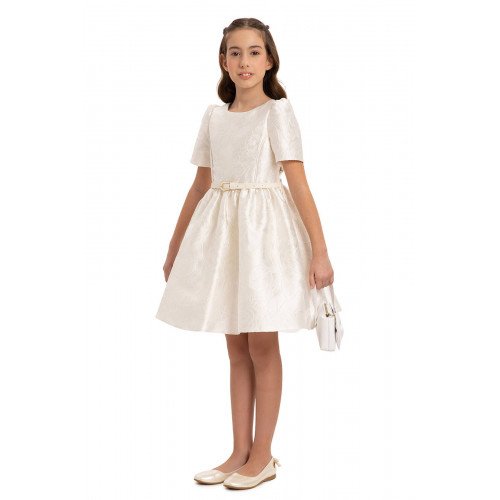 فستان جاكار بلون سكري  مع حزام وحقيبة  للبنات السن المحير 35385